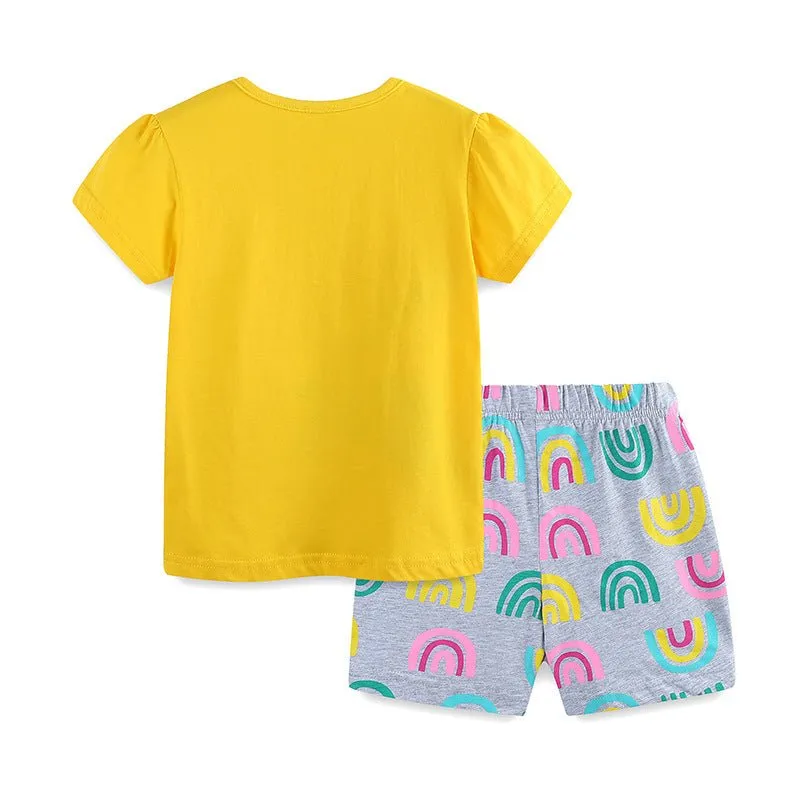 Toddler/Kid Girl's Short Sleeve Dino and Rainbow Print Design Tee with Shorts Set