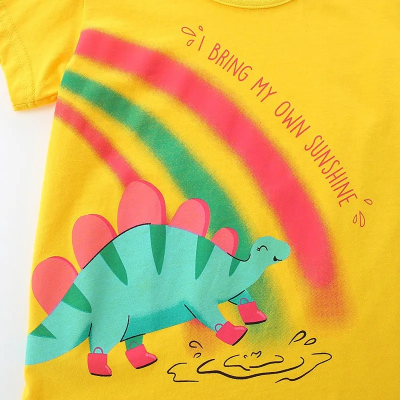 Toddler/Kid Girl's Short Sleeve Dino and Rainbow Print Design Tee with Shorts Set