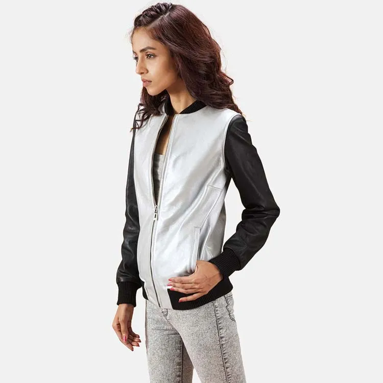 Women’s Black & White Leather Bomber Jacket