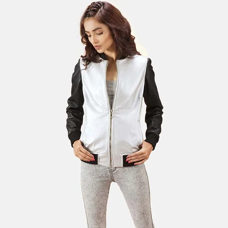 Women’s Black & White Leather Bomber Jacket