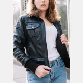 Women’s Black Leather Collared Bomber Jacket