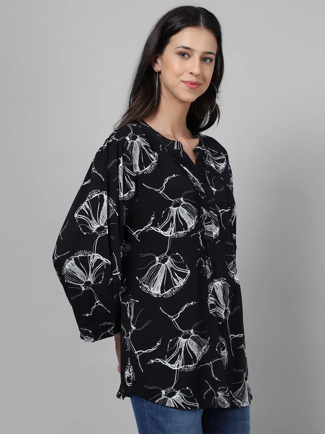 Women's Casual  Black Floral Print Mandarin Collar Tunic