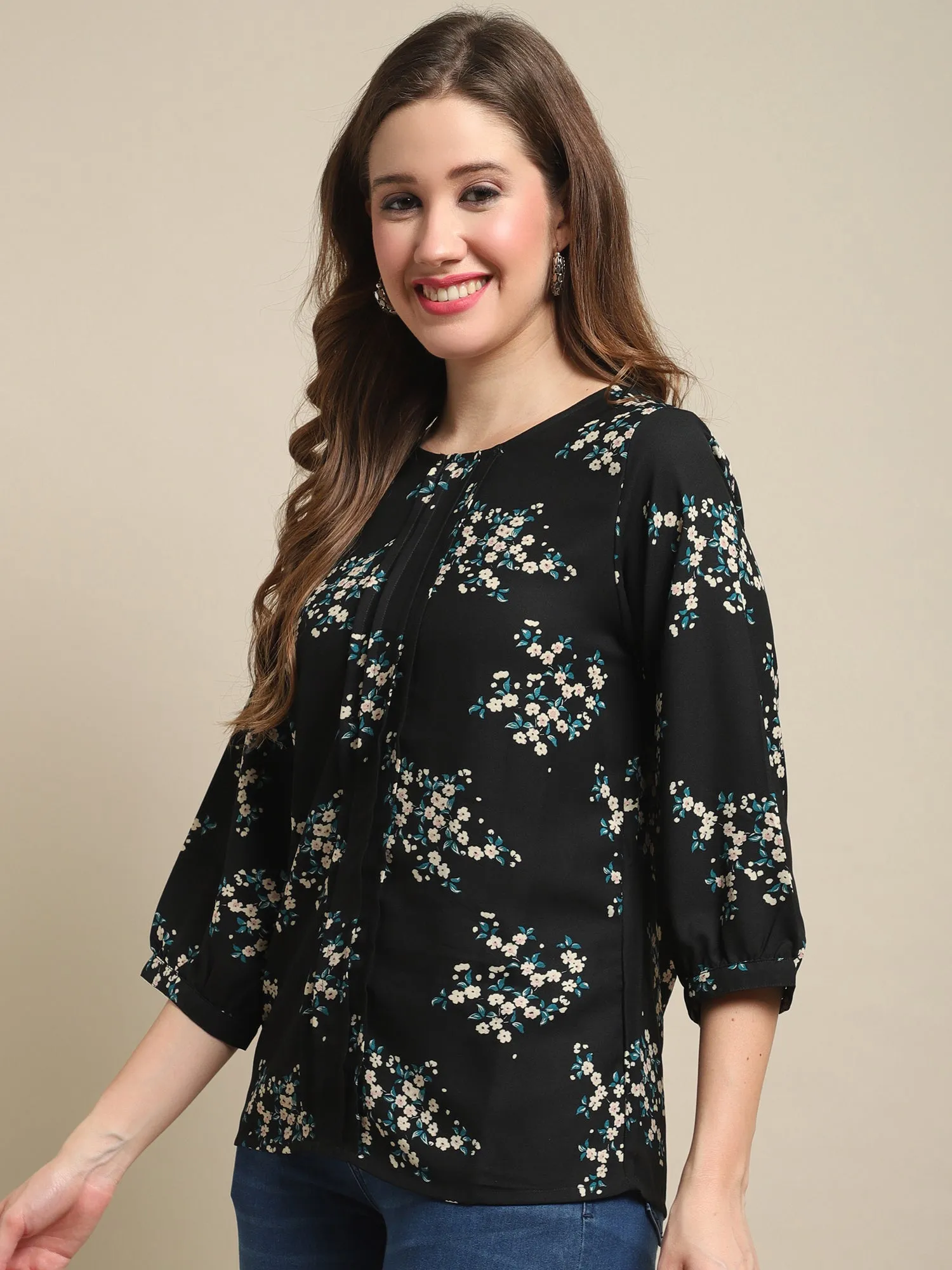 Women's Casual  Black Floral Print Round neck   Tunic