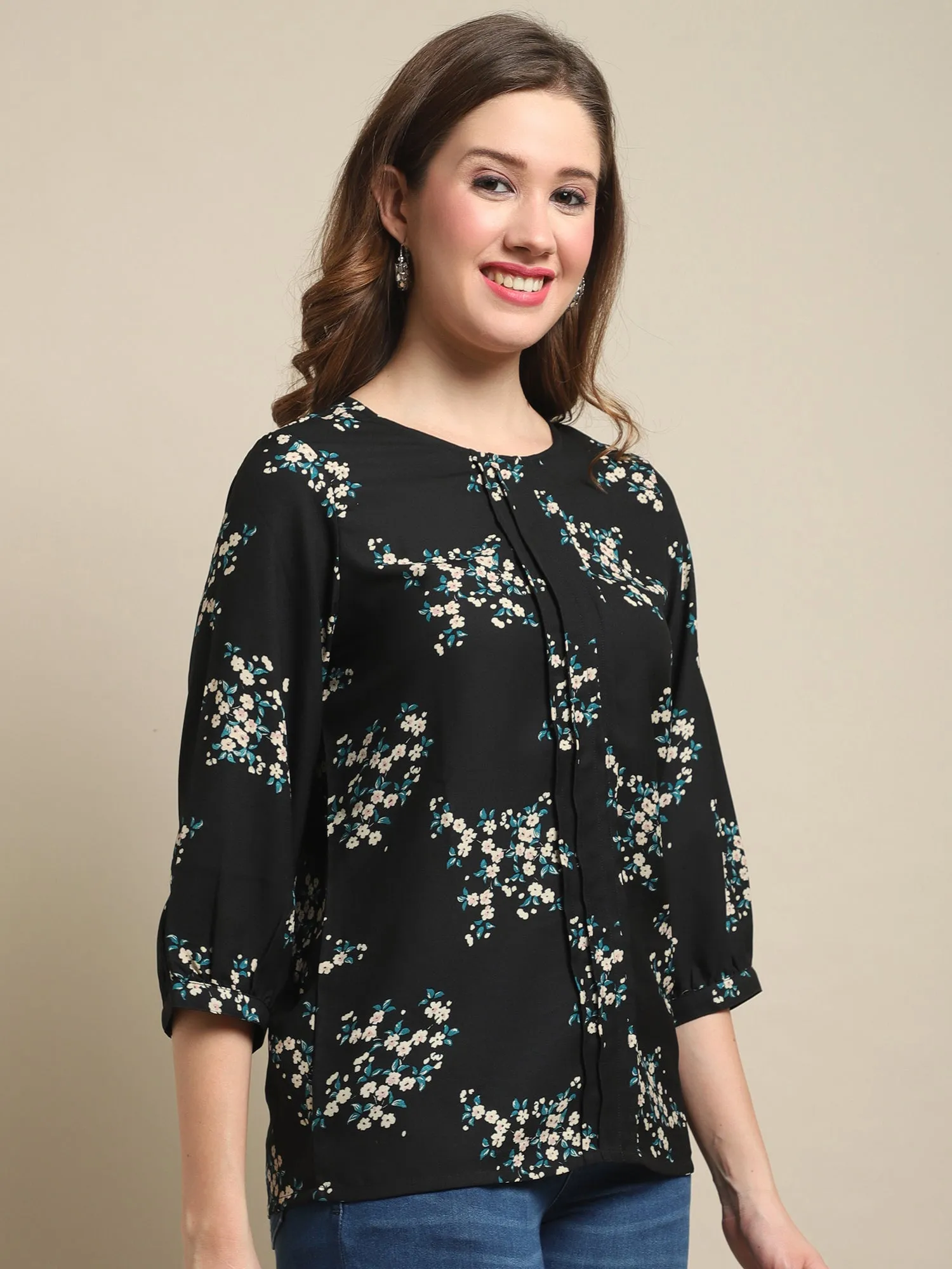 Women's Casual  Black Floral Print Round neck   Tunic