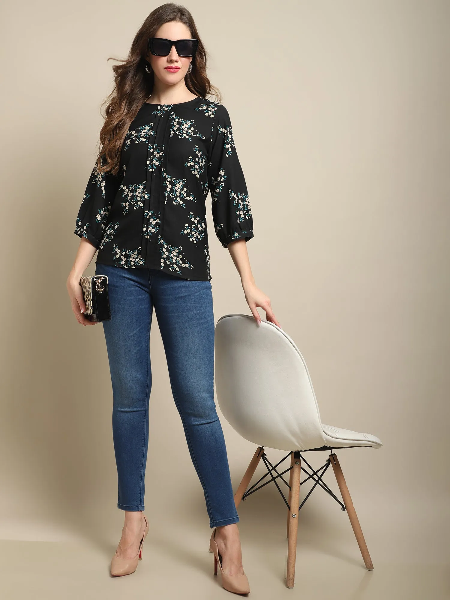 Women's Casual  Black Floral Print Round neck   Tunic