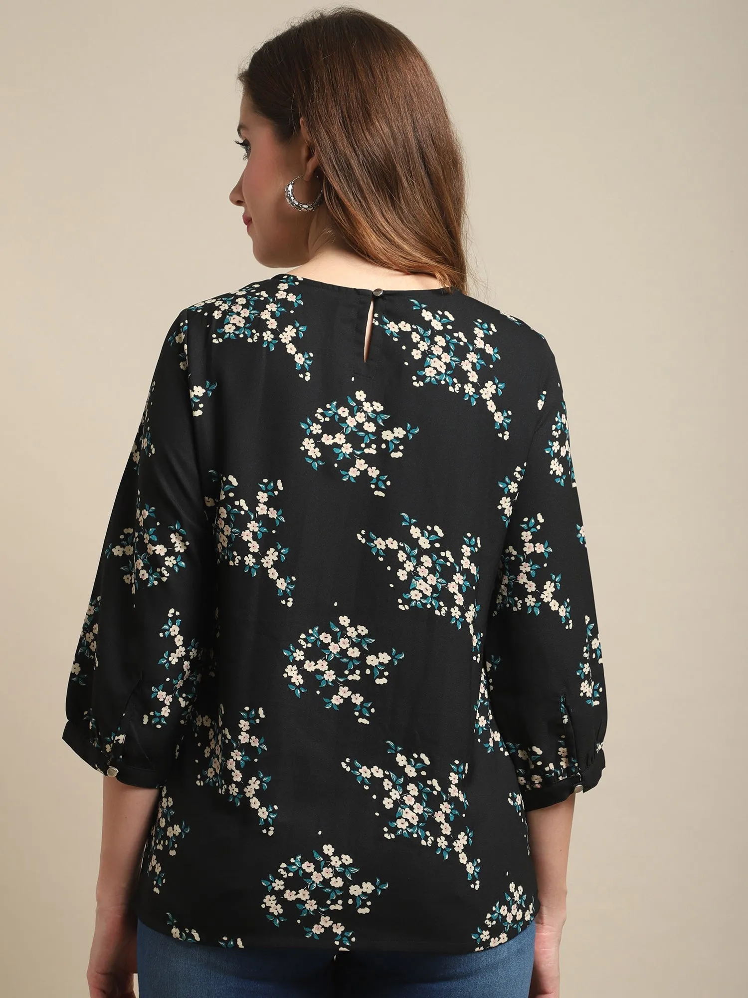 Women's Casual  Black Floral Print Round neck   Tunic