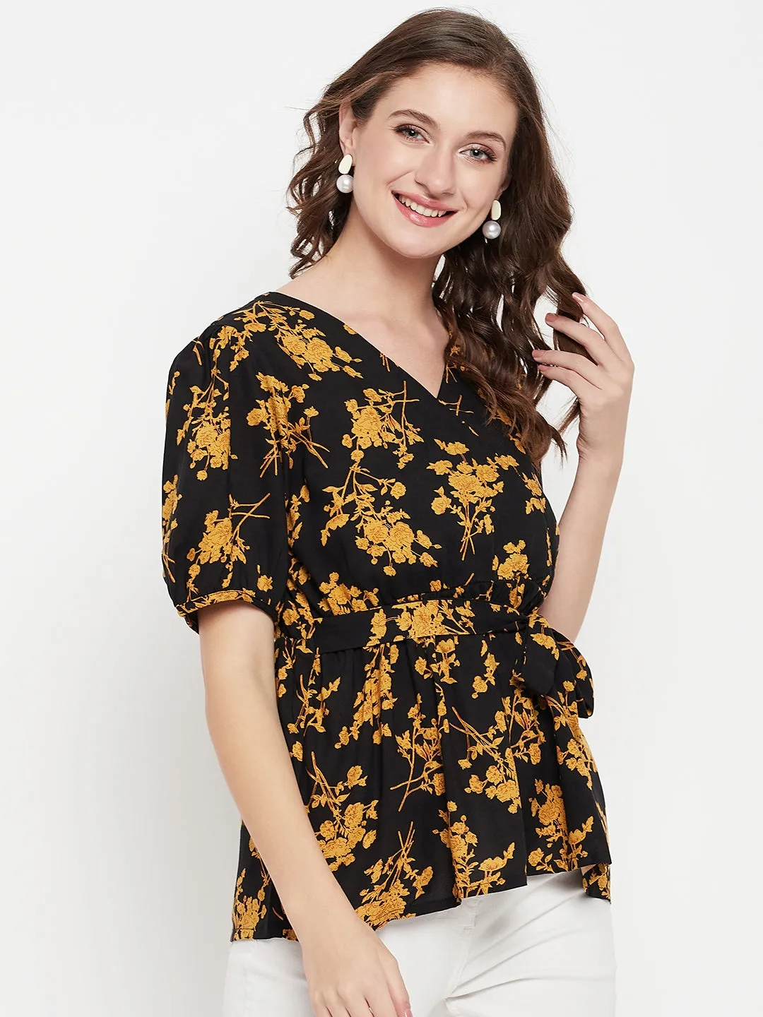 Women's Casual  Black Floral Print V neck Top