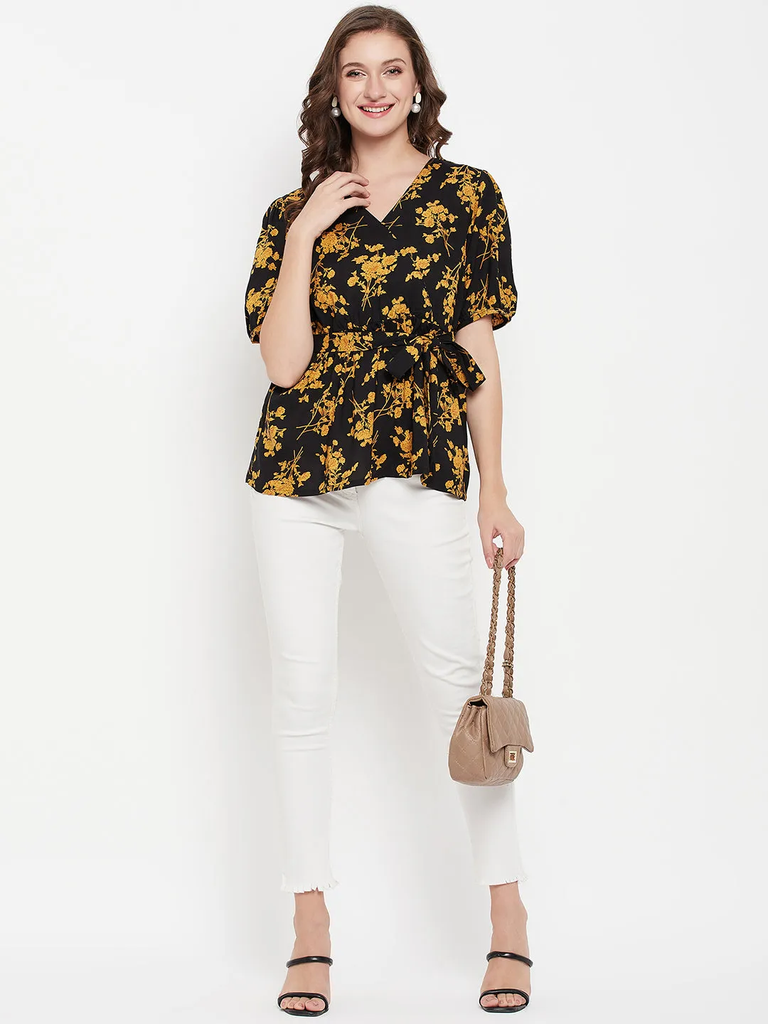 Women's Casual  Black Floral Print V neck Top