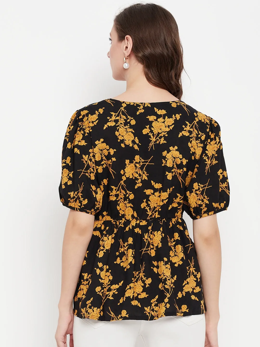 Women's Casual  Black Floral Print V neck Top