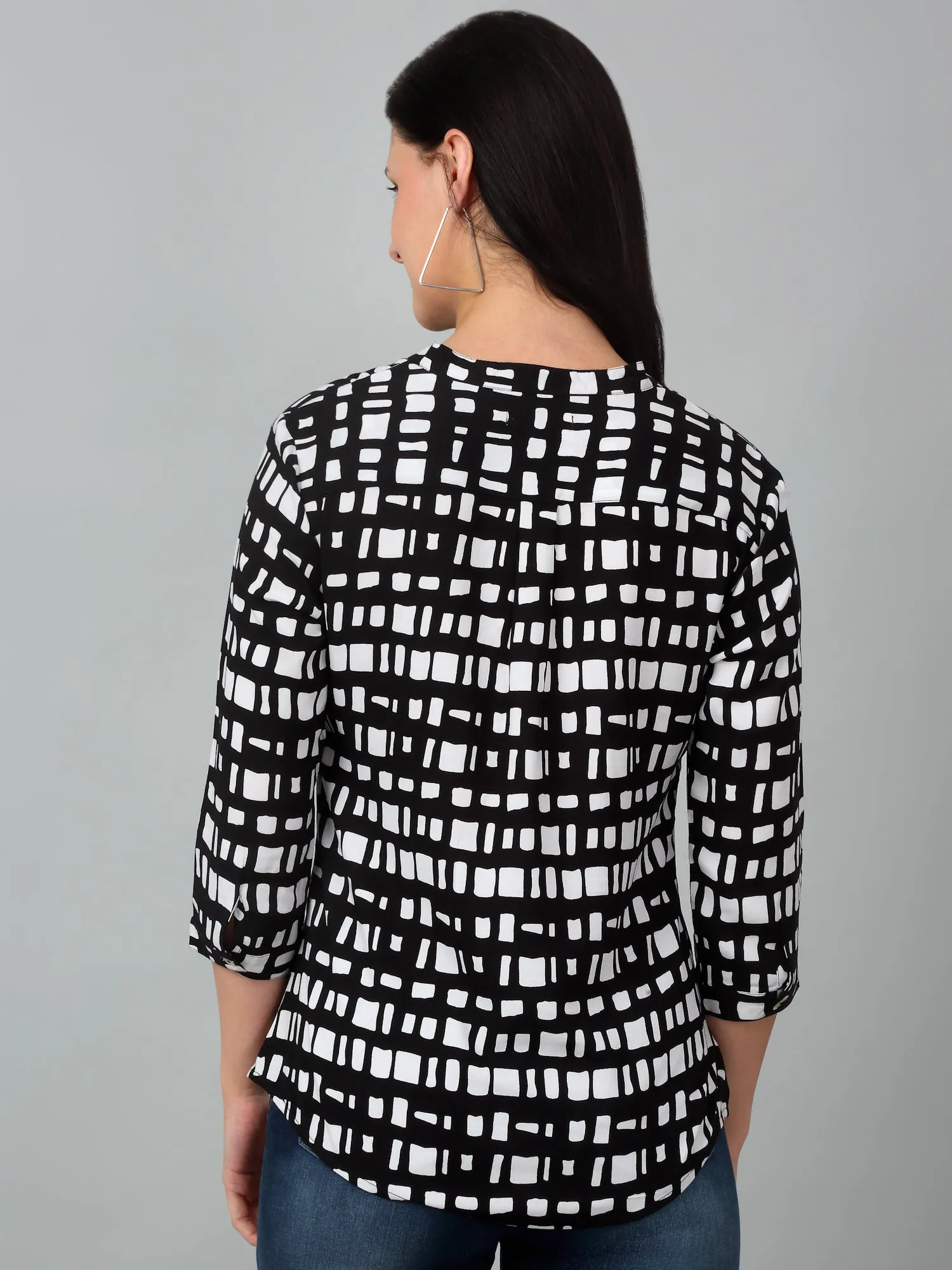 Women's Casual  Black Geometric Print Mandarin Collar Tunic