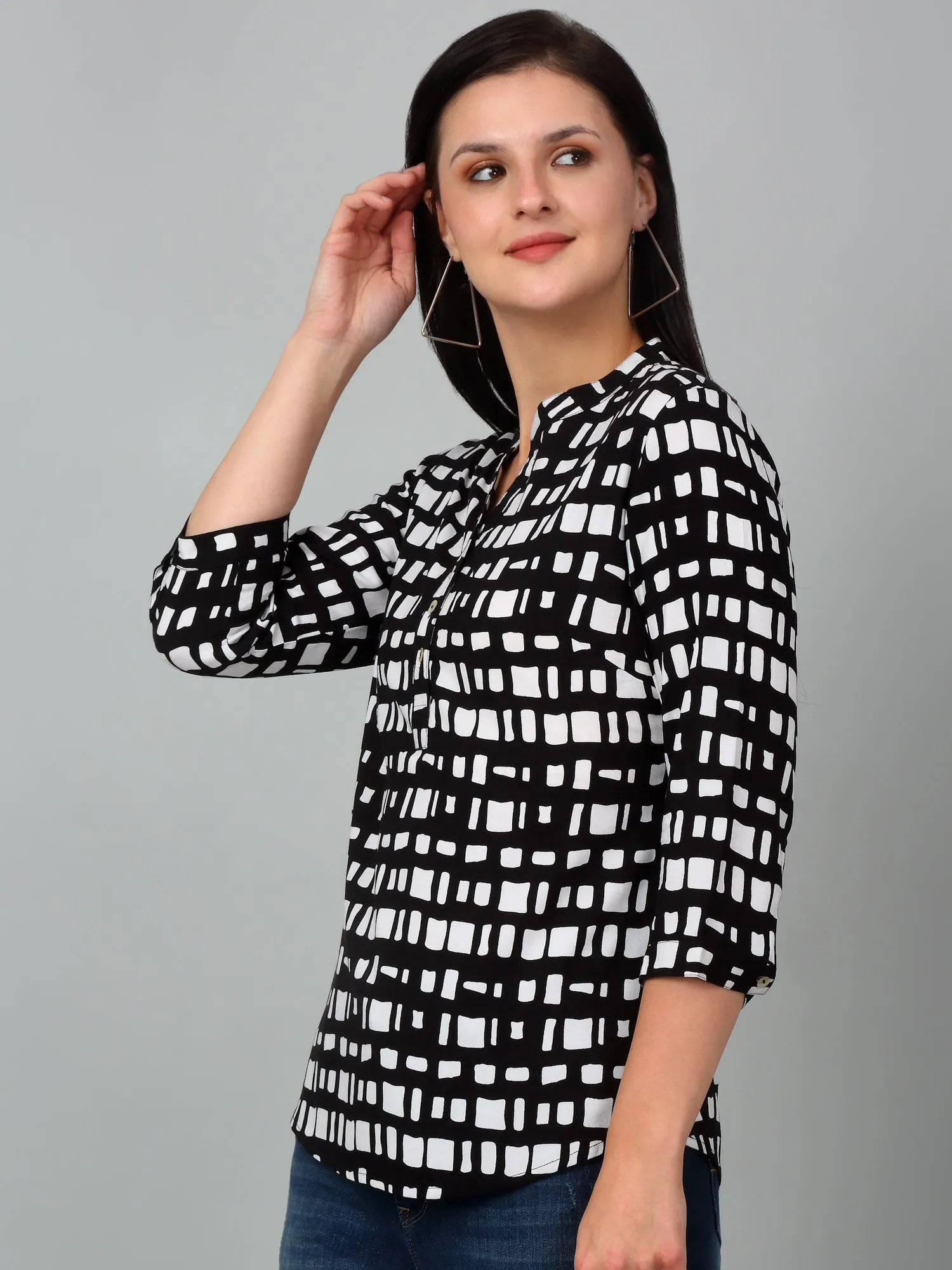 Women's Casual  Black Geometric Print Mandarin Collar Tunic