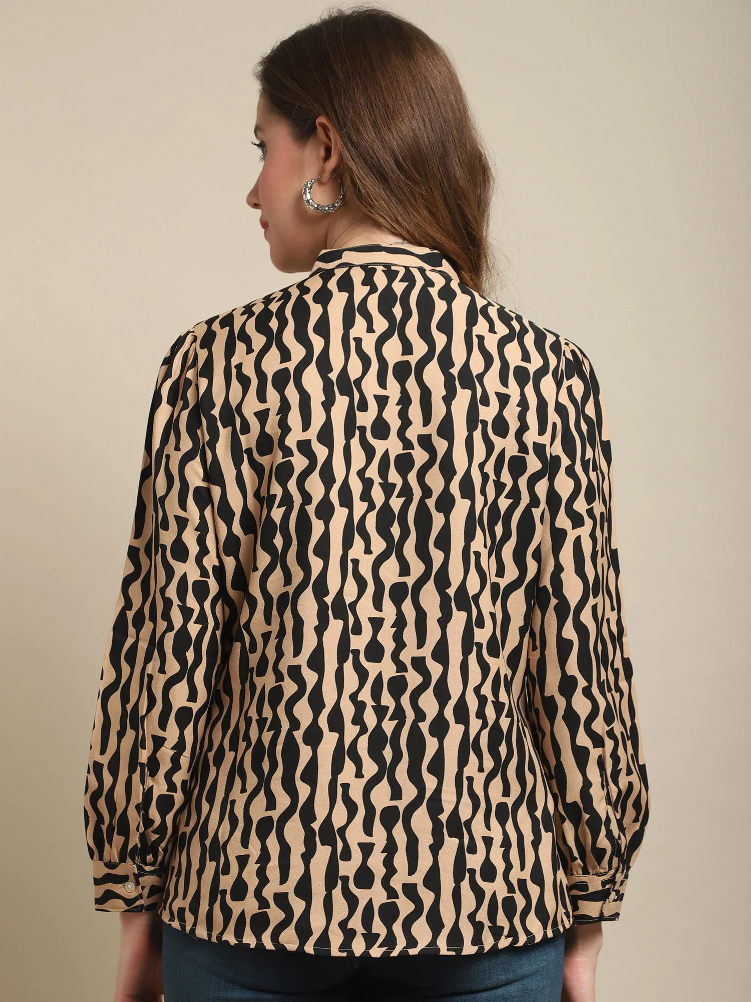 Women's Casual  Brown Abstract Print Mandarin Collar Tunic