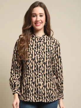 Women's Casual  Brown Abstract Print Mandarin Collar Tunic