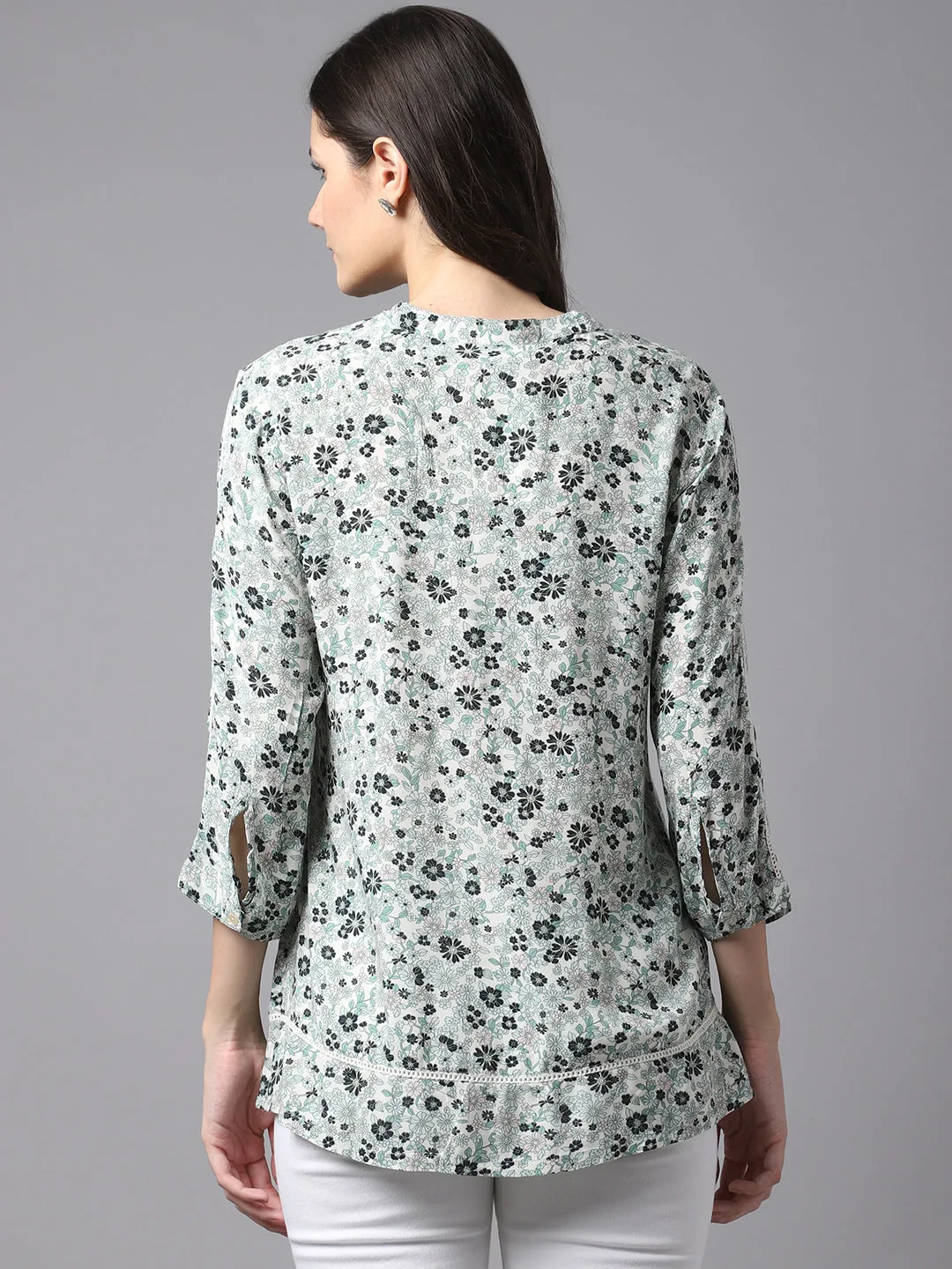 Women's Casual  Mintgreen Floral Print Mandarin Collar Tunic