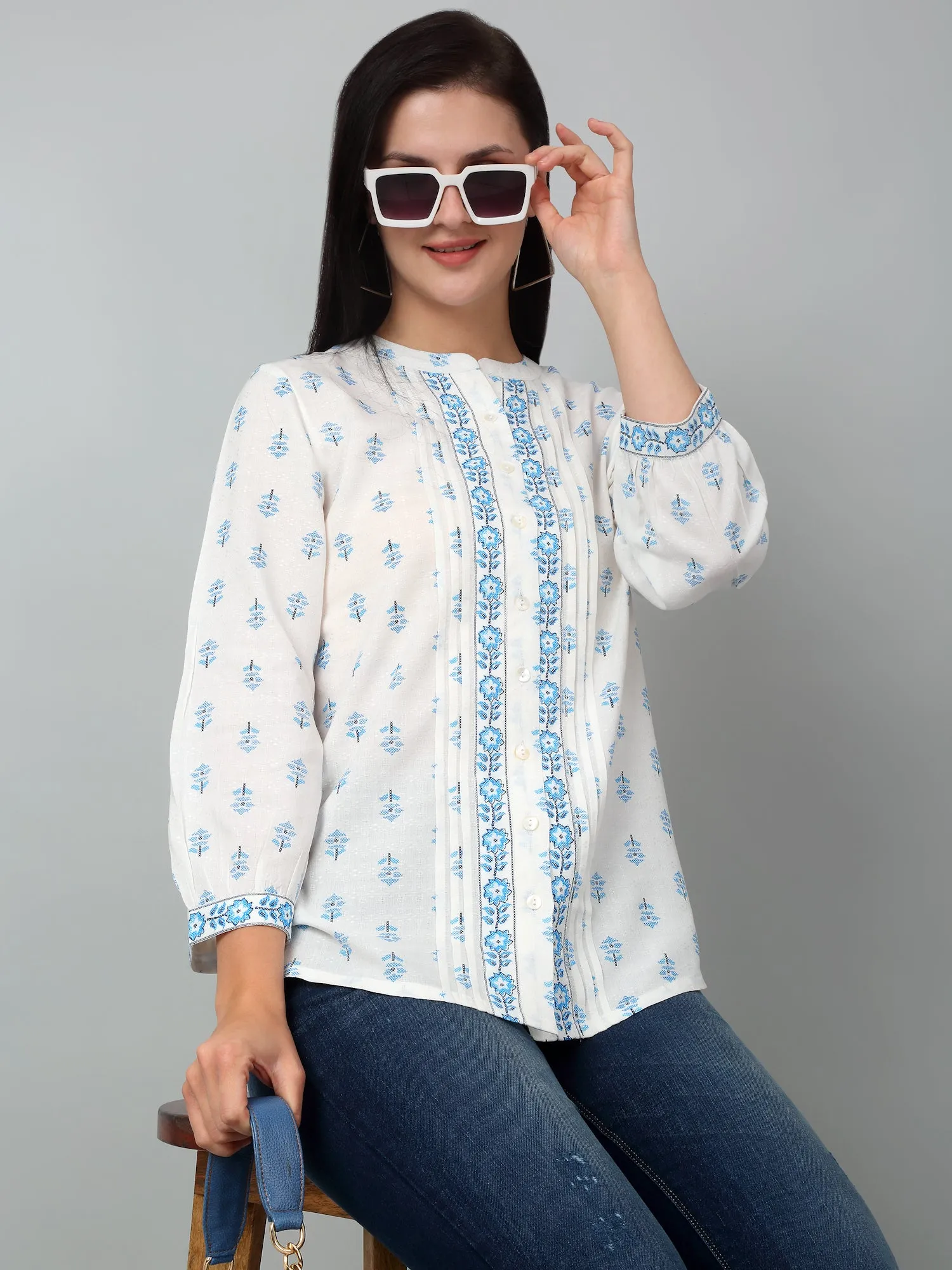 Women's Casual  Offwhite Floral Print Mandarin Collar Tunic