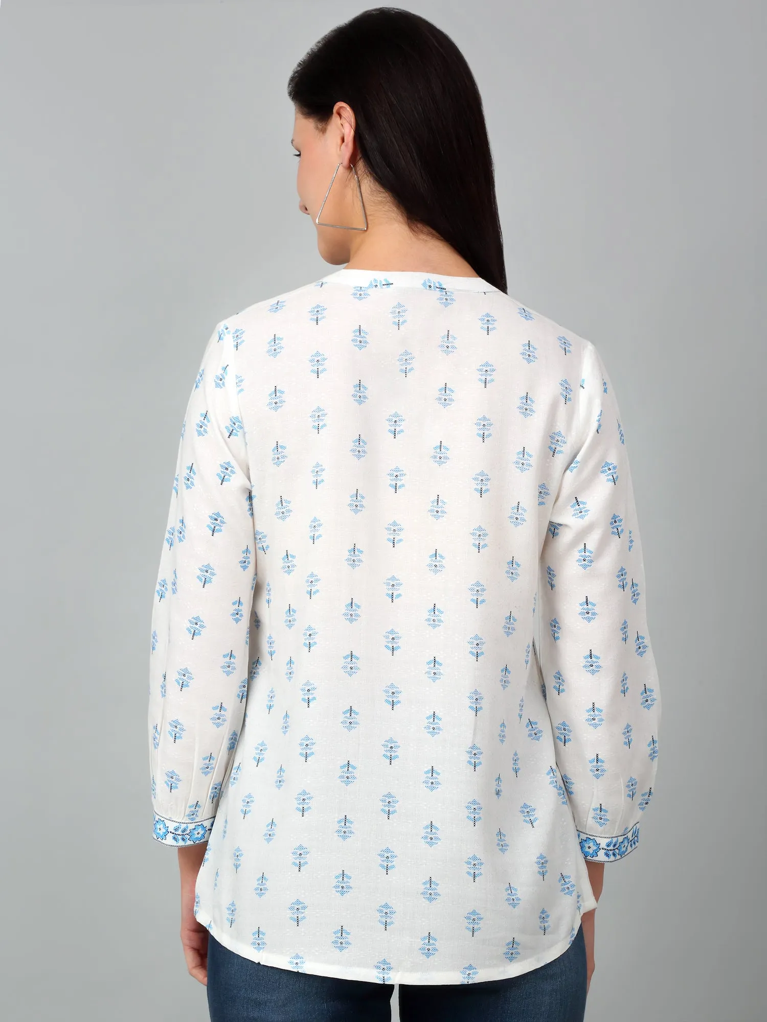 Women's Casual  Offwhite Floral Print Mandarin Collar Tunic