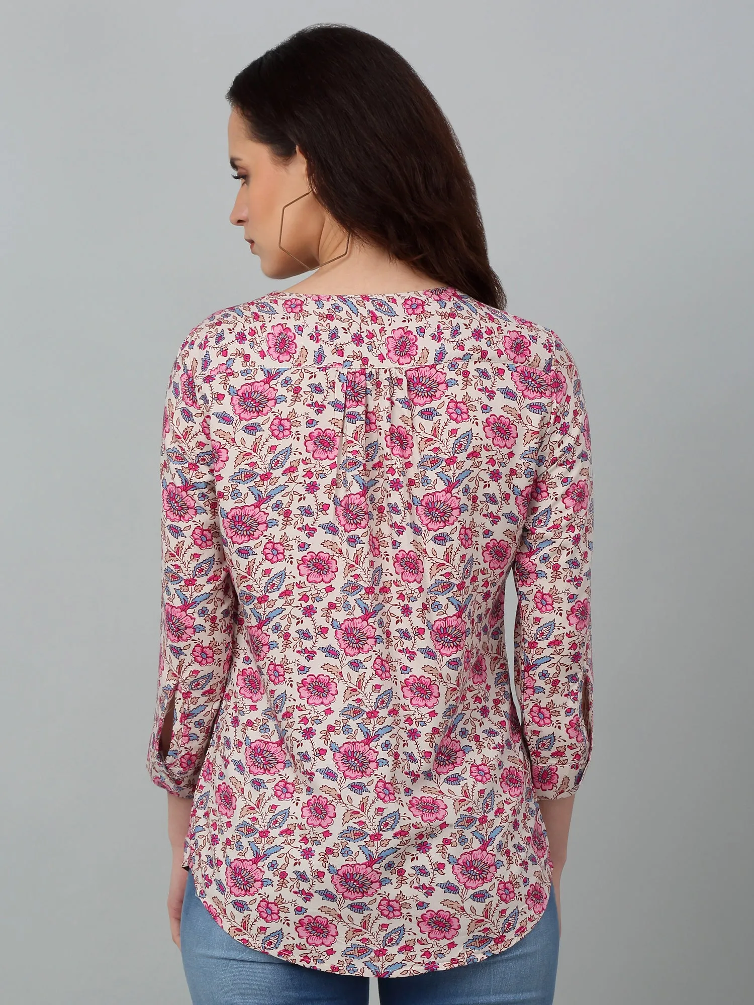 Women's Casual  Pink Floral Print V neck Top