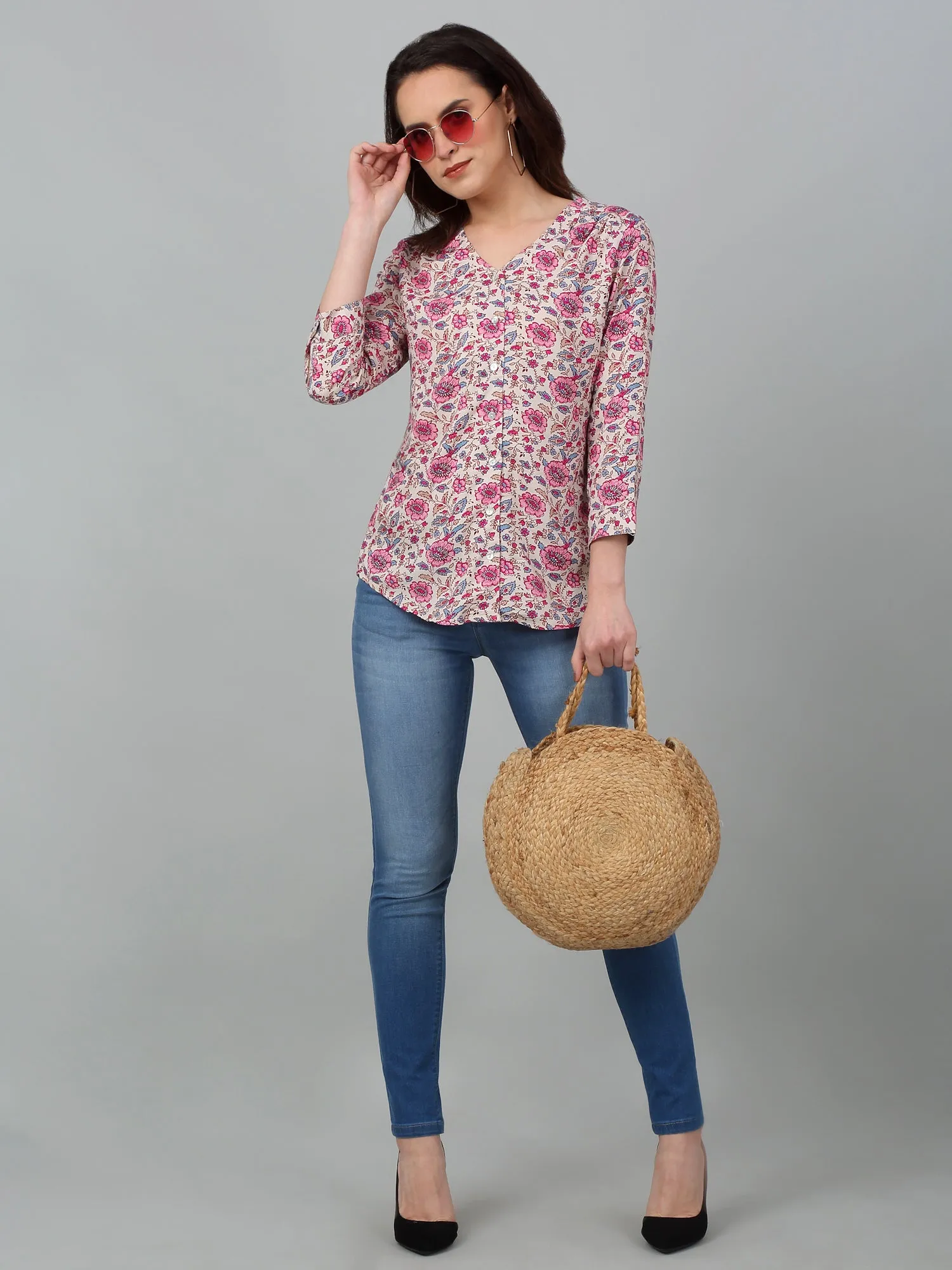 Women's Casual  Pink Floral Print V neck Top