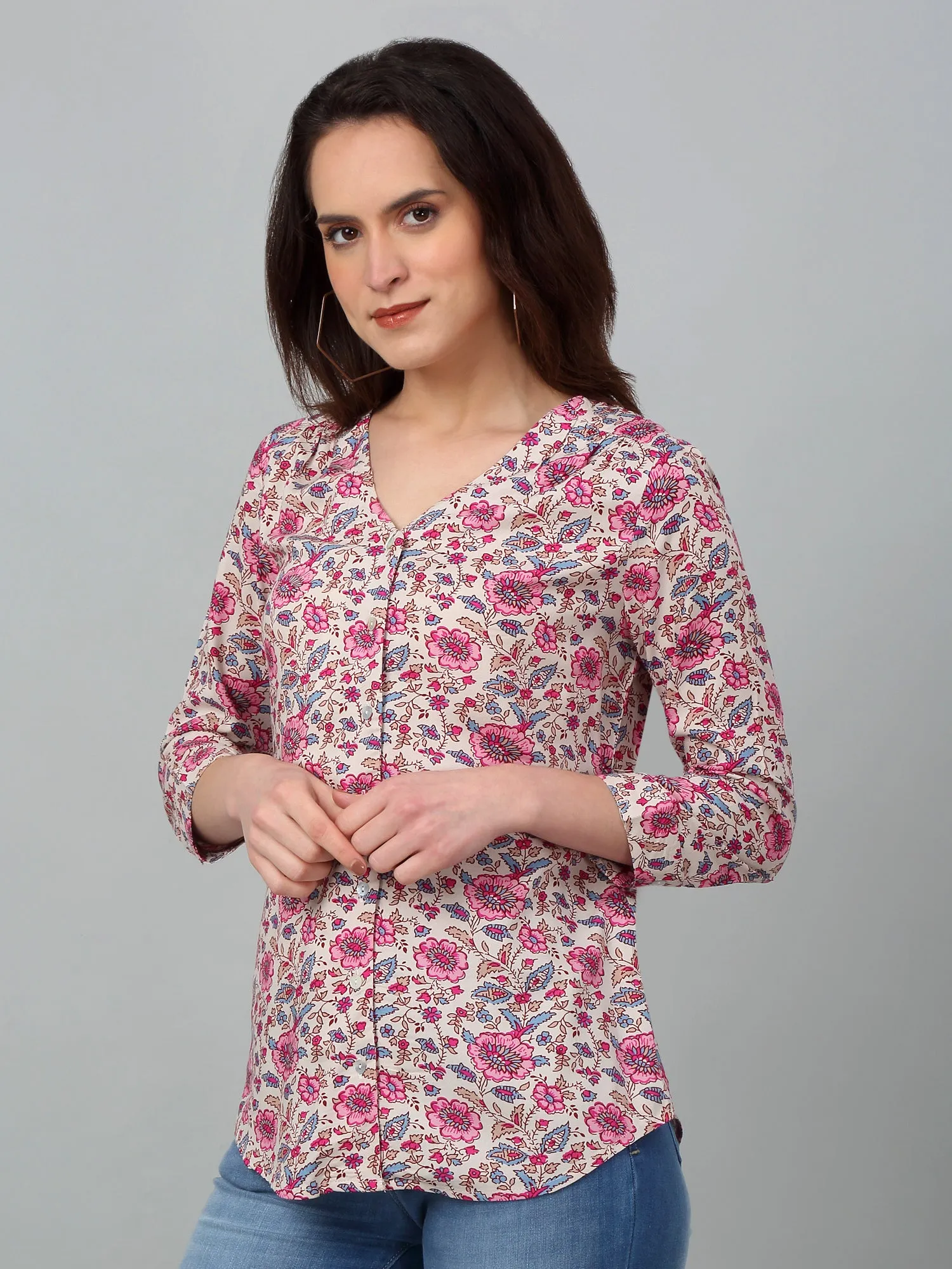 Women's Casual  Pink Floral Print V neck Top