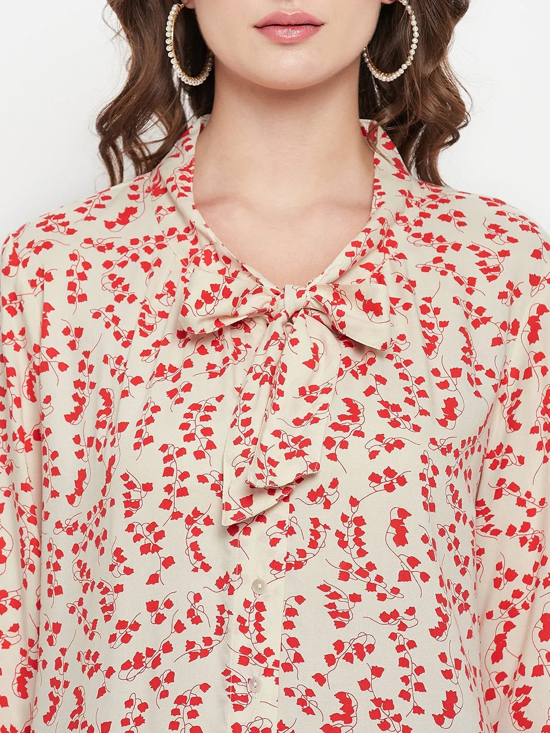 Women's Casual  Red Floral Print Tie up Neck Tunic