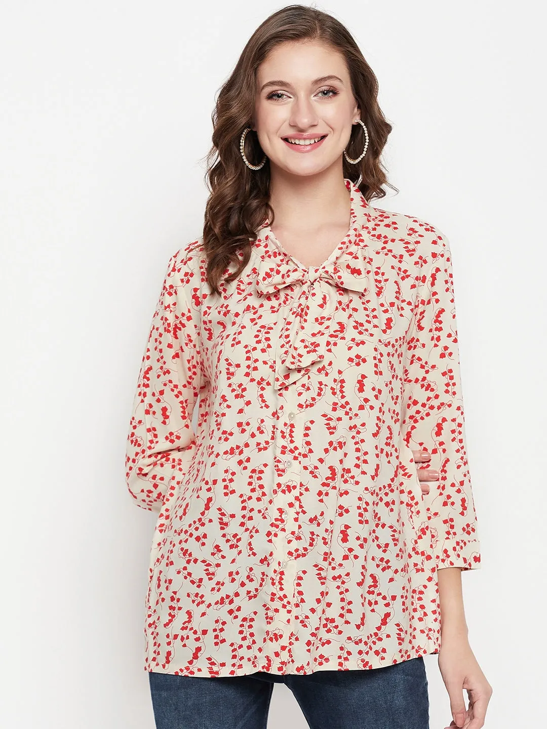 Women's Casual  Red Floral Print Tie up Neck Tunic