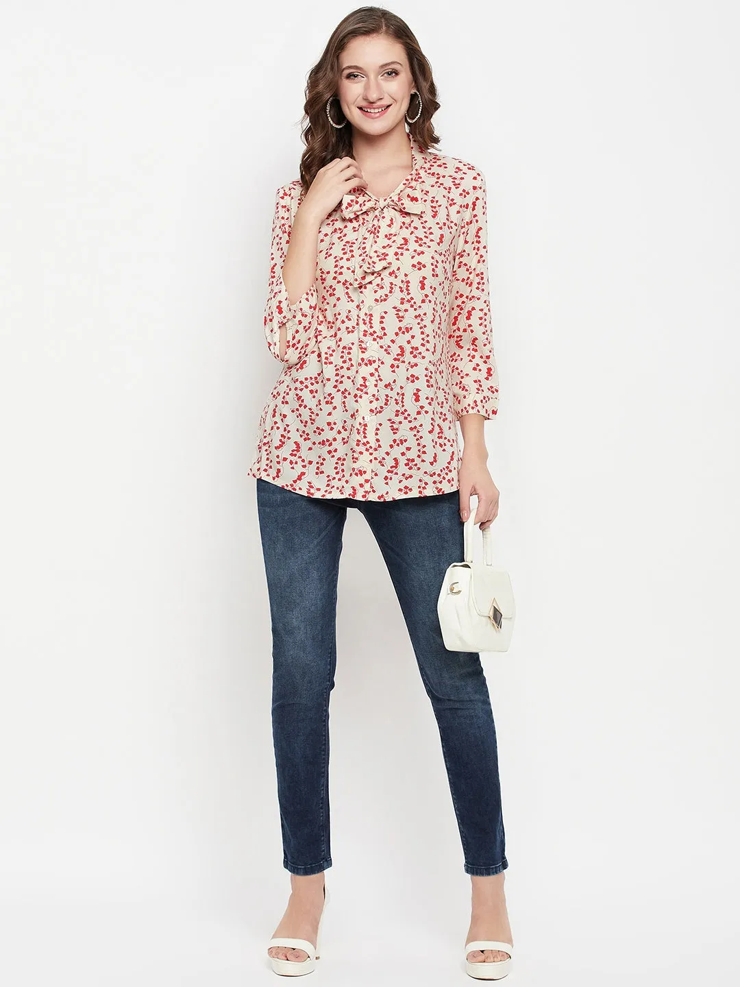 Women's Casual  Red Floral Print Tie up Neck Tunic