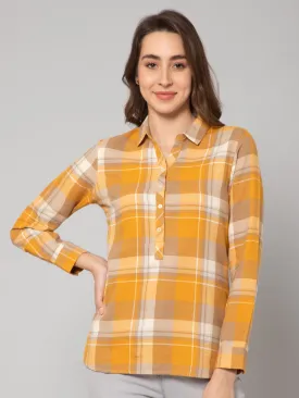 Women's Casual  Yellow Check Spread Collar Tunic