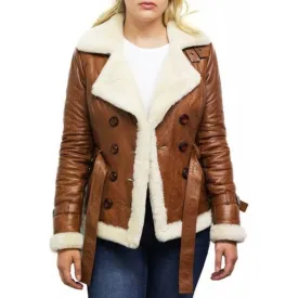 Women's Tan B3 Shearling Bomber Jacket Sheepskin Aviator Flying Jacket