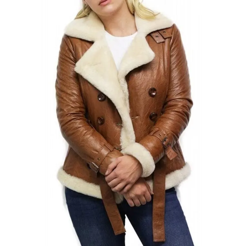 Women's Tan B3 Shearling Bomber Jacket Sheepskin Aviator Flying Jacket