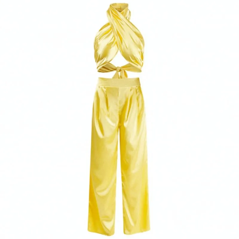 Yellow Halter Wrap Top And Palazzo Satin Pants Set